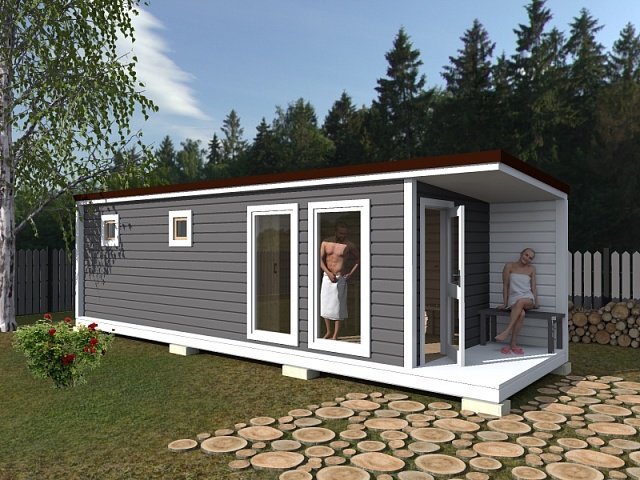 Большая мобильная баня Скандинавия 8 м с террасой